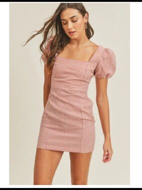 Francesca's Collections Pink Gingham Square Neck Mini Dress